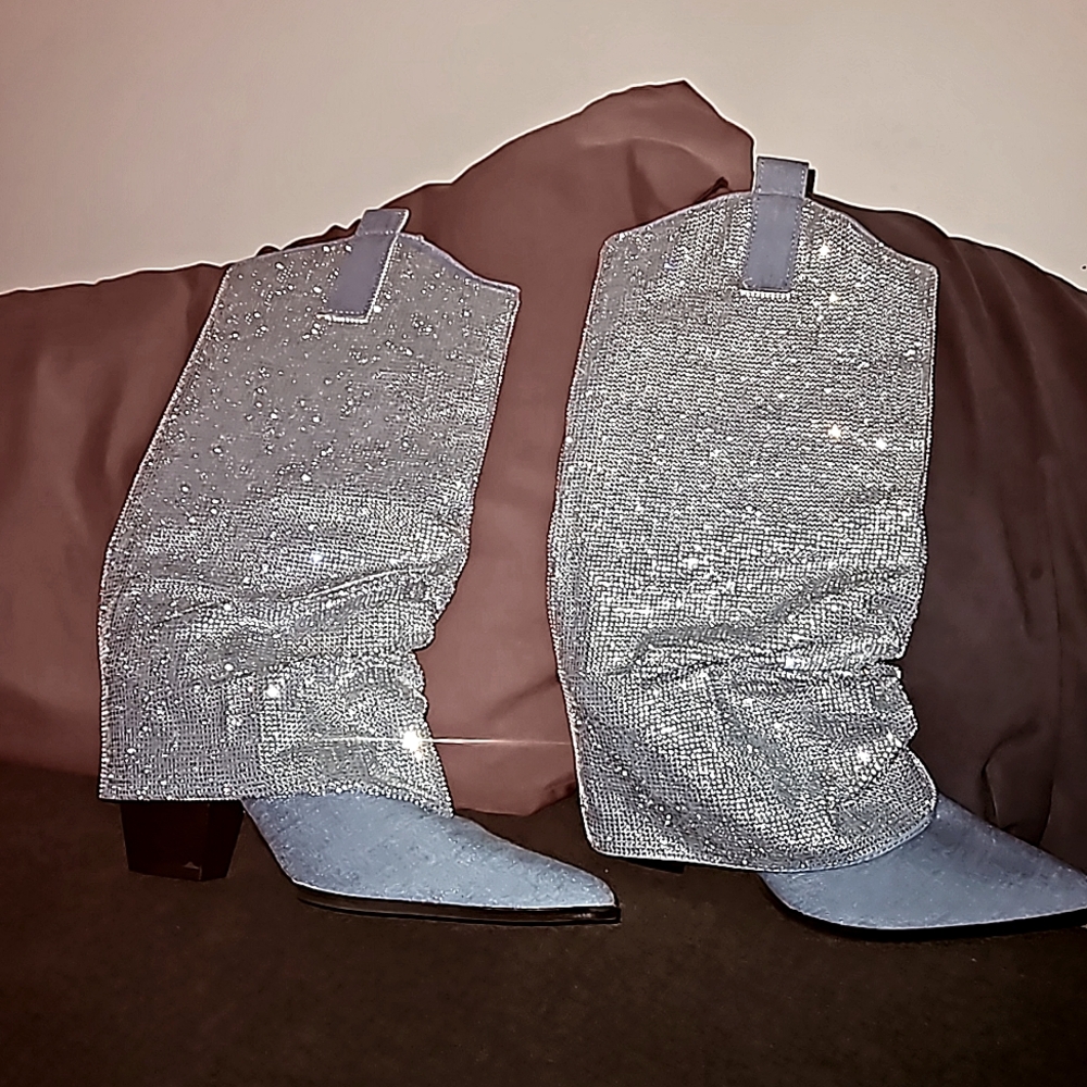 Bling  blue denim fold-over boots